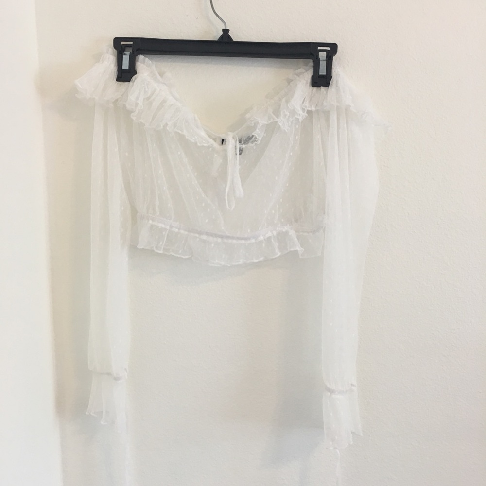 white off the shoulder polka dot top sheer